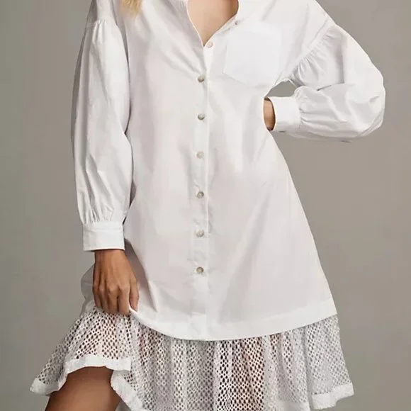 Anthropologie Women's White Maeve Lace-Hem Smock Mini Shirt Dress L Size NWT - Picture 1 of 8